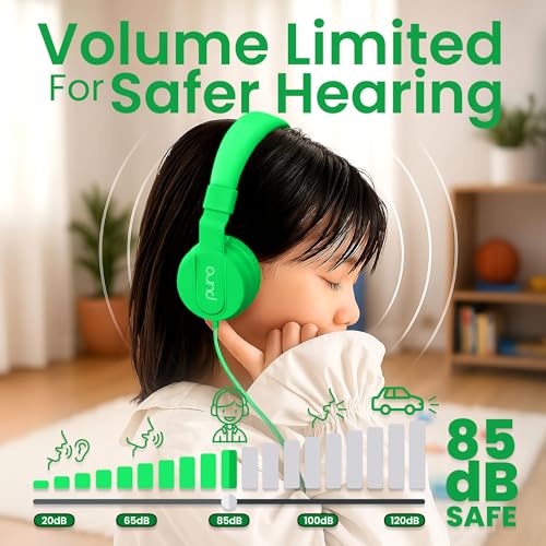 Puro Sound Labs - Kids Headphones, Volume-Limiting 85dB, PuroBasic, Green | Adjustable, Safer & Comfortable Headphones for Kids – Compatible with PCs, Smartphones & Tablets, Ideal for School & Travel - color: Green