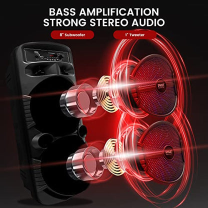 Portable Bluetooth PA Speaker System - 600W Rechargeable Outdoor Bluetooth Speaker Portable PA System w/Dual 8” Subwoofer 1” Tweeter, Microphone in, Party Lights, USB, Radio, Remote - Pyle PPHP2835B - color: Raven