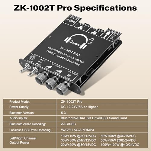 Daakro ZK-1002T PRO 2.0 Channel Bluetooth 5.3 Amplifier Board 200W HiFi Audio AMP with Treble and Bass, TWS,BT USB and AUX Inputs, DC 12-24V 2.0 Channel Stereo AMP Module for DIY Speakers - color: ZK-1002TPRO