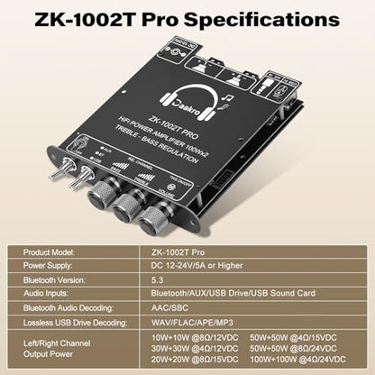 Daakro ZK-1002T PRO 2.0 Channel Bluetooth 5.3 Amplifier Board 200W HiFi Audio AMP with Treble and Bass, TWS,BT USB and AUX Inputs, DC 12-24V 2.0 Channel Stereo AMP Module for DIY Speakers - color: ZK-1002TPRO