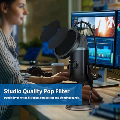 6"Mic Pop Filter with C-Clamp,360° Gooseneck Clip Stabilizing Arm for Studio | Double-layer Professional Pop Filter, For Microphone,Boom Arm,Stands