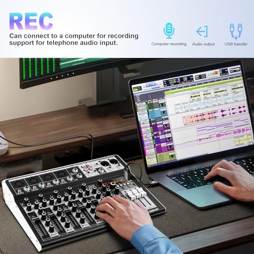 6 Channel Audio Interface Sound Board Mixing Console 16-Bit DSP DJ Mixer Audio Reverb Effect +48V Phantom Bluetooth Studio Audio Mixer For Karaoke Studio Streaming Recording