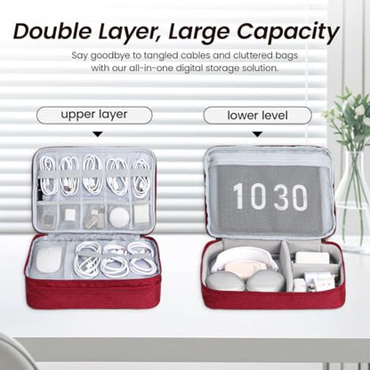 Electronic Organizer Travel Case, Double Layer Cable Organizer Bag | Double-layer design with adjustable dividers, mesh pockets and elastic loops for chargers, cables, power banks and gadgets - color: red