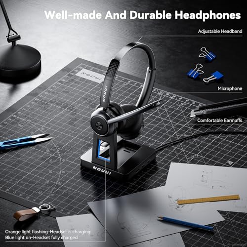 Wireless Headset with Mic for Work, Bluetooth Headset with Microphone(Noise Cancelling), Wireless Headphones with Mic, Mute Button & Charge Base for Work from Home/PC/Call Center/Computer/Zooms/Teams