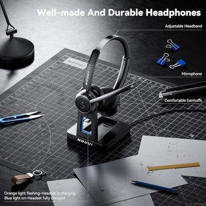 Wireless Headset with Mic for Work, Bluetooth Headset with Microphone(Noise Cancelling), Wireless Headphones with Mic, Mute Button & Charge Base for Work from Home/PC/Call Center/Computer/Zooms/Teams