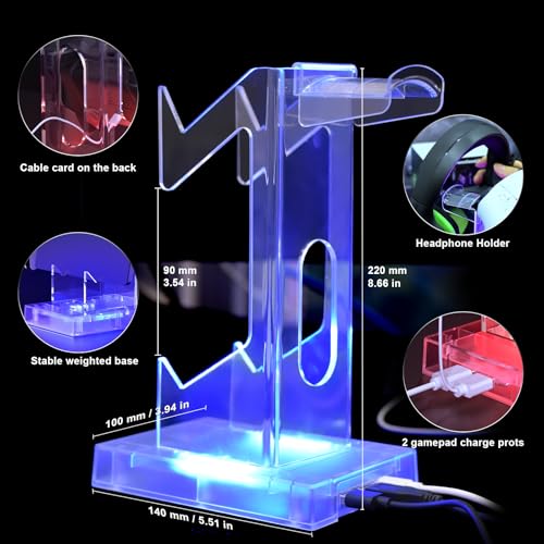 Joso Controller Holder with RGB Light, 2 Tier Acrylic Gaming Controller Stand for PS5/PS4/PS Portal/Xbox/Switch, Gaming Headset Gamepad Stand Accessories for Desktop Gamer, Universal Design