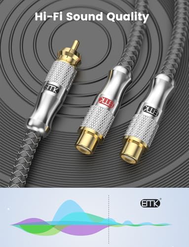 EMK Gold-Plated RCA Y-Splitter 1 Male to 2 Female Extension Cable RCA Splitter - Shielded Design for Subwoofers, TVs, & Home Theaters (1Ft/30CM) - color: 2 Female to 1 Male Silver, size: 1 Ft/0.3M, style: RCA to 2RCA