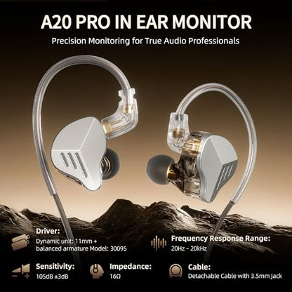 A20PRO IEM Earbuds, 1DD+1BA Hybrid in Ear Monitor Headphones, HiFi Wired Earphones with Deep Bass & Clear Vocals, Noise Isolating IEM for Musicians, Gaming & Studio (No Mic) - color: sliver