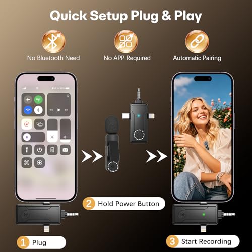 3 in 1 Wireless Mini Microphone for iPhone Android Phone Camera: Lavalier Lapel Mic for Video Recording - Noise Cancelling Clip on Shirt Microphones for Tiktok YouTube Podcast Vlogging