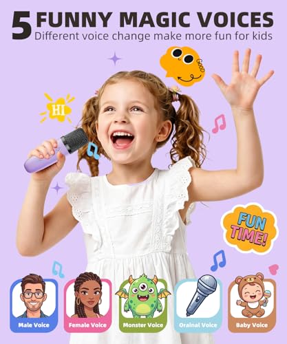 Mini Kids Karaoke Machine Ages 3-12, Wireless Microphones Bluetooth Speaker | LED Party Lights, Voice Changer, Duets, BT 5.3, Rechargeable Portable, Birthday Christmas Toys & Gifts for Boys & Girls - color: Purple - 1 Mic