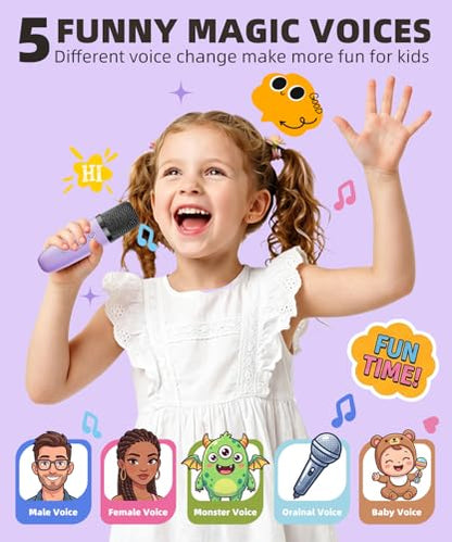 Mini Kids Karaoke Machine Ages 3-12, Wireless Microphones Bluetooth Speaker | LED Party Lights, Voice Changer, Duets, BT 5.3, Rechargeable Portable, Birthday Christmas Toys & Gifts for Boys & Girls - color: Purple - 1 Mic