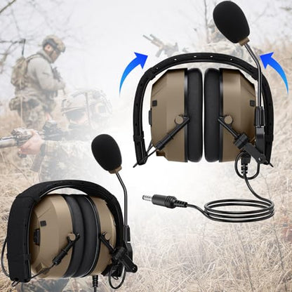 Military-Grade Headset with NATO Plug Airsoft COMMS kit for MilSim PTT Boom Mic Earpro Integration Electronics Earmuffs Compatible for 2 Pin Walkie Talkies