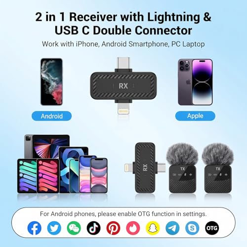 Wireless Lavalier Microphone, Mini Compact Lapel Mic with Magnetic Clip & Charging Case, 25H Long Battery Life, Noise Reduction, Dual Interface for iPhone Android Video Recording Vlogging Podcast