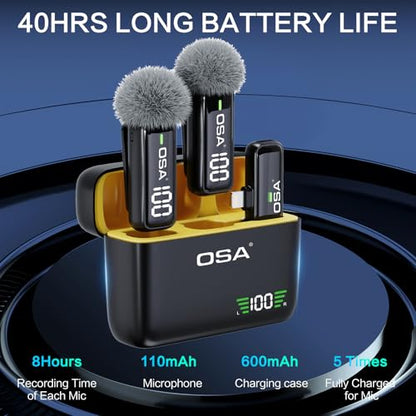 OSA 2Pcs Wireless Lavalier Microphone for iPhone iPad with Charging Charging Case and Transmitter Digital Display, 30H Clip on Lapel Microphone Wireless for Video Recording - style: Lighning