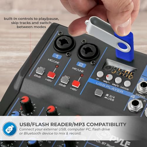 Pyle Professional Audio Mixer Sound Board Console System Interface 4 Channel Digital USB Bluetooth MP3 Computer Input 48V Phantom Power Stereo DJ Studio Streaming FX 16-Bit DSP Processor - PMXU43BT.5 - size: 4