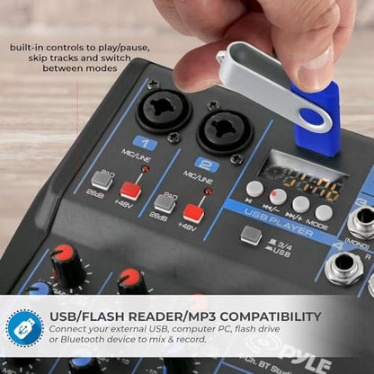 Pyle Professional Audio Mixer Sound Board Console System Interface 4 Channel Digital USB Bluetooth MP3 Computer Input 48V Phantom Power Stereo DJ Studio Streaming FX 16-Bit DSP Processor - PMXU43BT.5 - size: 4
