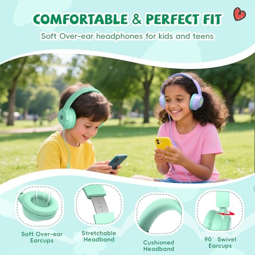 Botesty Sound Kids Headphones with Cord, 3.5mm 85/94dB Volume Limit, Green - color: Green