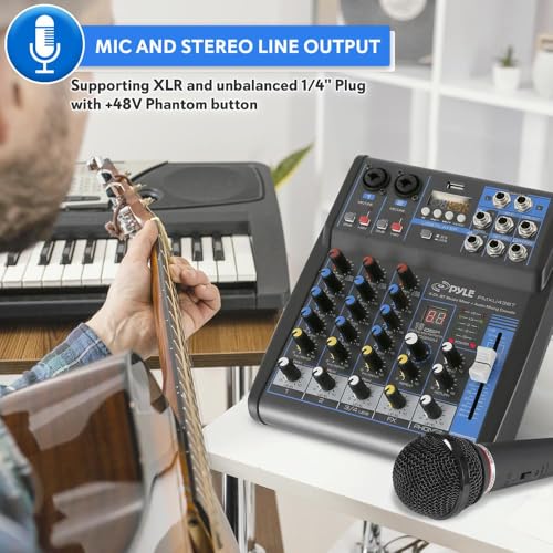 Pyle 4 Channel Audio Mixer with Bluetooth - DJ Sound Board Controller - USB Computer Input - Built-in MP3 Player - 48V Phantom Power - 3 Band EQ - 16-Bit DSP FX - Band, Studio Ready - PMXU43BT