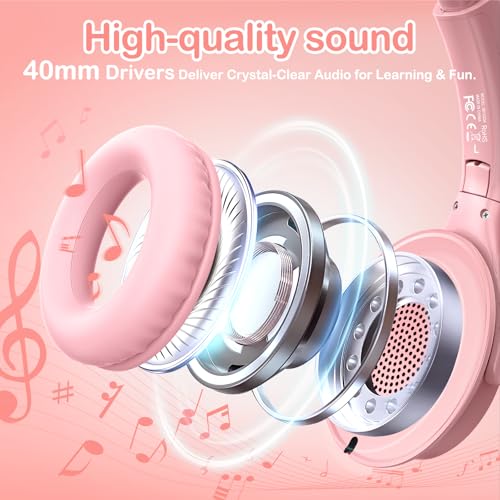 Kids Headphones Wired with HD Mic, USB C Headphones, Over Ear Headphones | LED Lights, 94dB Volume Limit, Stereo Sound Portable Foldable Lightweight for School/iPad/Tablet/Airplane Travel/Toddler - color: Pink
