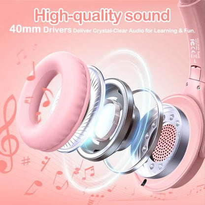 Kids Headphones Wired with HD Mic, USB C Headphones, Over Ear Headphones | LED Lights, 94dB Volume Limit, Stereo Sound Portable Foldable Lightweight for School/iPad/Tablet/Airplane Travel/Toddler - color: Pink