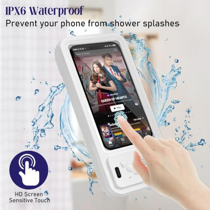 Shower Phone Holder with Wireless Bluetooth Speaker, Waterproof 480 Rotation Viewable Shower Phone Stand Case Mount Speakers for Bathroom Wall Mirro for 4"- 6.8" Cell Phones ,Gift for Mom(White) - color: White