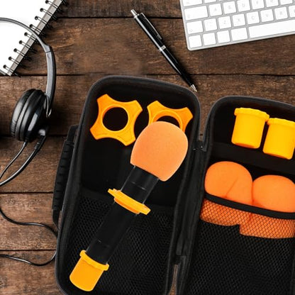 Hemobllo Shockproof Dual Microphone Carrying Case with Handle Large-capacity Mic Storage Bag for Travel Includes 2 Orange Non-slip Foam Covers and Protective Mic Tail Caps