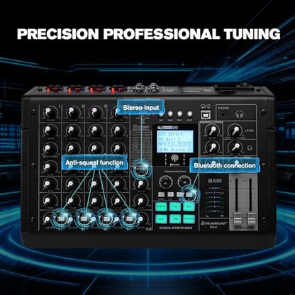 Audio Interface for PC, 6-Channel Audio Mixer Built-In Sound Card Effects, Interface for Recording Music, Compatible with Microphones for Podcast, Live Stream, Vocal Recording, DJ & Karaoke