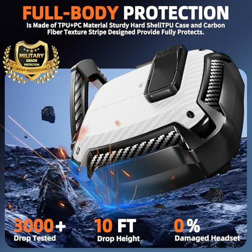 Safety Lock Case for Samsung Galaxy Buds3 FE/3/3 Pro (White) | with Phone Stand,with Secure Lock Clip & Cleaning kit Full Body Shockproof Carbon Fiber Protection Design - color: C-white