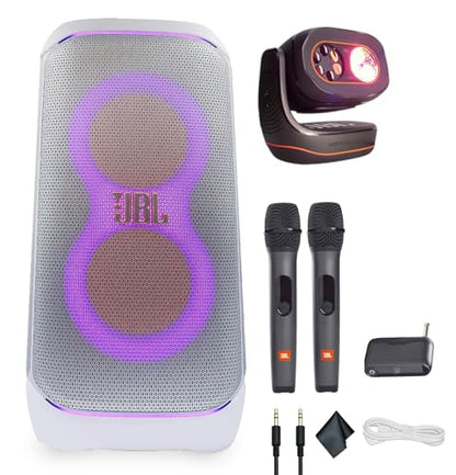 JBL PartyBox Club 120 White - 160W Portable Wireless Splash Proof Speaker + Partylight Beam + Wireless Two Microphone System with Receiver + AUX Cable + Microfiber Cloth - color: White, style: w/ Partylight & Mics