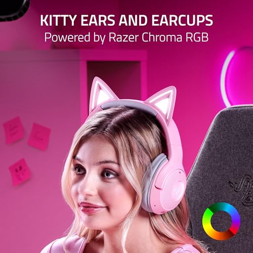 Razer Kraken Kitty V2 BT Wireless RGB Headset, Pink | Chroma RGB Kitty Ears & Earcups, Bluetooth 5.2, 40 mm Drivers, Noise-cancelling Mics, Lightweight, USB-C, 40 Hr Battery - color: Quartz Pink