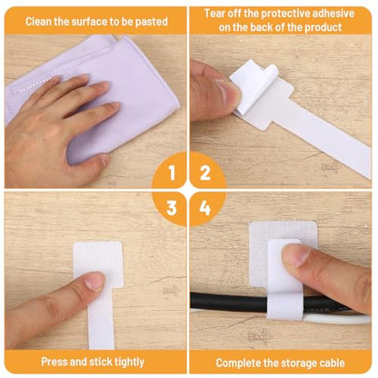 50 Pcs Cable Management Under Desk Wire Clips Under Table Hook and Loop Cable Straps White Adjustable Self-Adhesive Cables Ties Reusable Cord Organizer Holder for Home, Office