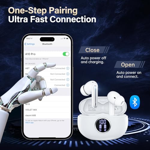 Wireless Earbuds, Bluetooth 5.3 Headphones HiFi Stereo 50H Playback LED Digital Display Ear Buds with ENC Noise Canceling Headset, IPX7 Waterproof Earphones for Gym/Running/Work（White） - color: White