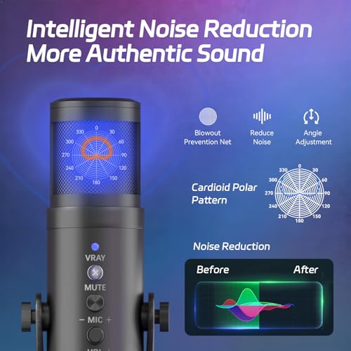 USB Streaming Microphone for PC Laptop | Noise Cancelling, Volume Ctrl, Plug & Play, RGB Light, Monitor Jack, Compatible with PS4 PS5 Mac for Gaming Podcast Creator