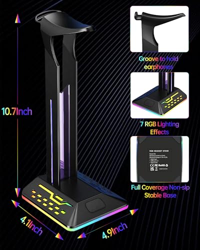 RGB Headphone Stand with 2 USB 2.0 Extension Charging Port Extender Cord,Desk Gaming Headset Holder,Cool LED Headphone Holder PC Gaming Accessories,Gamer Gifts