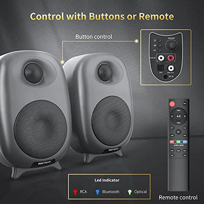 BESTISAN Boookshelf Speaker, 50 Watt Powered Bookshelf Speaker with Bluetooth 5.0 and Wired Optical RCA Input Port, Bass and Treble Adjustable, Deep Bass, 3 Audio Mode Design (Black) - color: Black