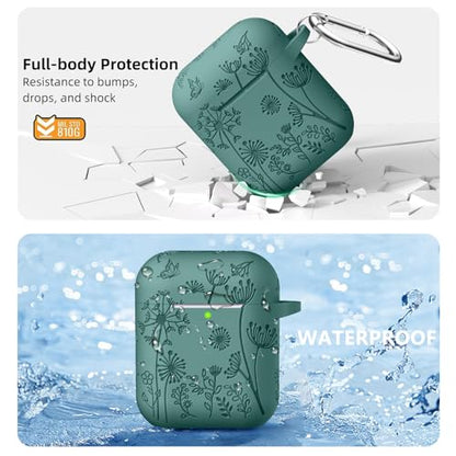 Lerobo for AirPod Case 2nd/1st Generation with Keychain for Women Girl | Flower Engraved Silicone Protective Cover for AirPods 2 Case, Wireless Charging, Shockproof, One-piece Design, Pine Green - color: Pine Green