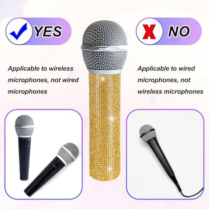 MECCANIXITY Gold Mic Handle Cover, Rhinestones Microphone Handle for Most Universal Wireless Microphones, Mic Not Included(with Grey Velvet Bag) - color: Gold Grey