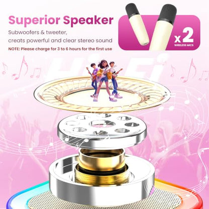 Mini Karaoke Machine, Portable Bluetooth Speaker & 2 Wireless Microphones | Karaoke Player Karaoke Microphone For Family Home Party Outdoor With HI-FI Sound | 5 Magic Sound | PA System | USB | TF | AUX - color: Light Beige