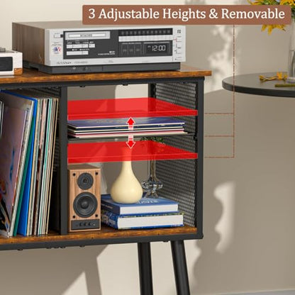 Record Player Stand with Adjustable Divider Vinyl Storage Holder Up to 200 Albums Mid-Century Large Record Player Table Vinyl Holder Turntable Stand End Table for Bedroom & Living Room, Patent Pending - size: 29.9"W x 13.4"D x 27.5"H