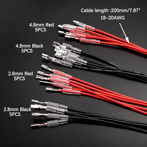 Twidec/20Pcs 2.8mm and 4.8mm Female Spade Crimp Terminal with Insulating Sleeve and Wire Red + Black Female Spade Quick Splice Assortment Kit - size: 20 Pieces 2.8/4.8mm