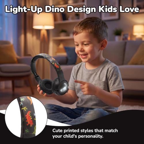 Kids Safe Wireless Light Up Headphones, Foldable Tangle-Free 3.5mm Jack, Volume Limiting 85/94dB, Over-Ear with Microphone for School/Toddlers/Teens/Boys/Girls/Ipad/Tablet/Kindle/Phones/Travel/Plane - color: Black