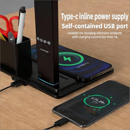 IHAO 7in1 Smart Desk Lamp with Wireless Charger & Digital Clock | 15W Fast Charging for Phone & Earbuds, Time/Date/Temp Display, Alarm, 3 Light Modes, USB Port, Detachable Pen Brush Pot-HYT1771 Black - color: Table Lamp with Brush Pot HYT1771 Black