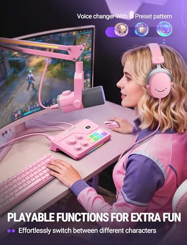 FIFINE SC8P USB Audio Mixer for Game Chat with 7.1ch Surround sound | For PC,RGB,Headphone Preamp,Mute Button,Volume Control,Optical Input,48V Phantom Power,3 EQ Modes,Game Chat Balacnce Pink