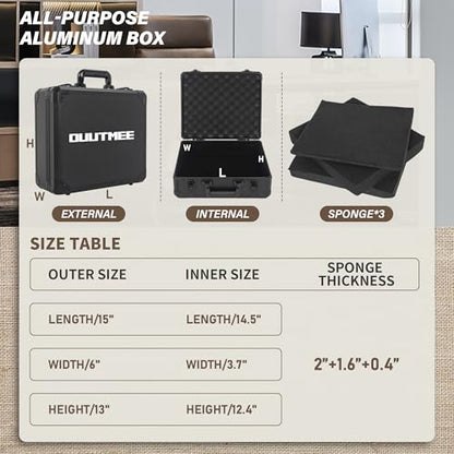 15 Inch Carrying Case with Customizable Pre-Diced Foam | Aluminum Case, Aluminum Alloy Sturdy Build, Storage Case for Microphone, Equipment, Camera, Tools, Recorder, etc - size: 15x13x6 Inch