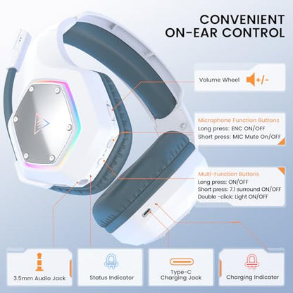 EKSA E1000WT Wireless Gaming Headset,2.4GHz USB Gaming Headphones with Microphone for PC, PS5, PS4, Nintendo Switch, 7.1 Surround Sound Headset, RGB Light, Ergonomic Design for Birthday Gift - color: 2.4G Wireless White