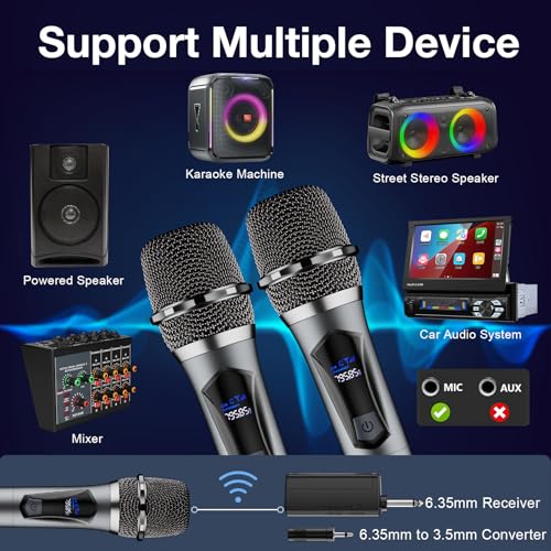 Wireless Microphone,Professional Dual Handheld Cordless Dynamic Mic System with Rechargeable Receiver,Karaoke Microphone Set for Singing, Karaoke, Wedding, DJ, Party, Speech,Church,Class Use,PA System