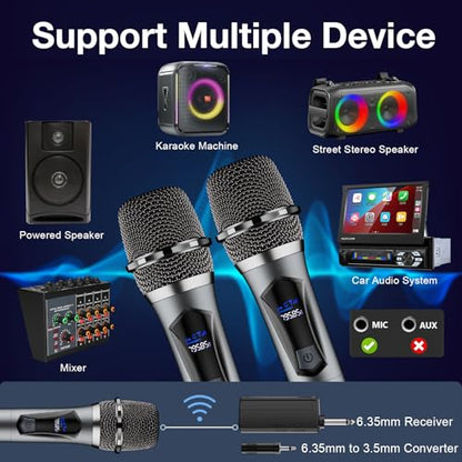 Wireless Microphone,Professional Dual Handheld Cordless Dynamic Mic System with Rechargeable Receiver,Karaoke Microphone Set for Singing, Karaoke, Wedding, DJ, Party, Speech,Church,Class Use,PA System