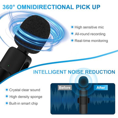 USB C Wireless Lavalier Microphone for iPhone 17 16 Pro Max 16e 15,Samsung | Galaxy S26 S25 A16 S24,Noise Reduction Mini Lapel Mic Clip on,Lav Mic on Video Recording,Tiktok,Youtube,Vlog,Live Streaming