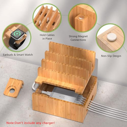 Pezin & Hulin Bamboo Charging Stand with Pack 5 Cables-Natural Bamboo | Dock Organizer for Multi Devices, Cell Phone, Tablets, Smart Watch, No Power Charger Block - color: Without Charger