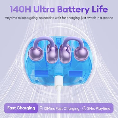 2 in 1 Clip on Open Ear Headphones Wireless Earbuds, 0 Delay Bluetooth 6.0, Ultra-long 140H Play, Auto L-R Recognition Touch Control, Hybrid Noise Reduction for Work Fitness Daily Use, Ctbuds Purple - color: C-Purple